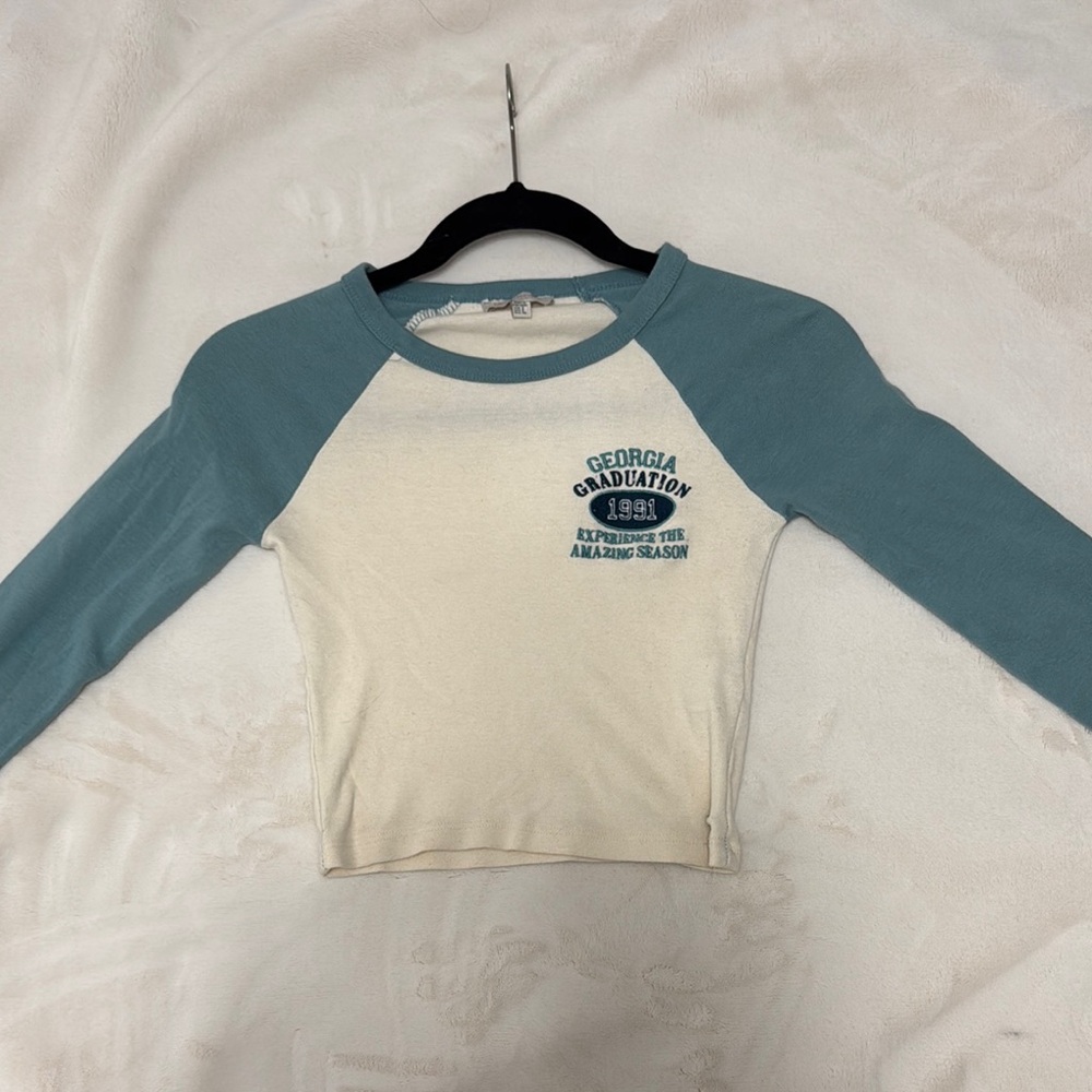 Blue and Cream Long Sleeve Crop Top